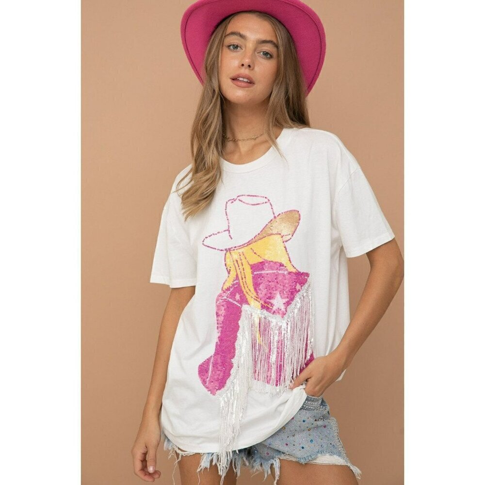 Doin' Cowgirl Things Sequin Fringe Graphic Tee in White - Picture 5 of 8
